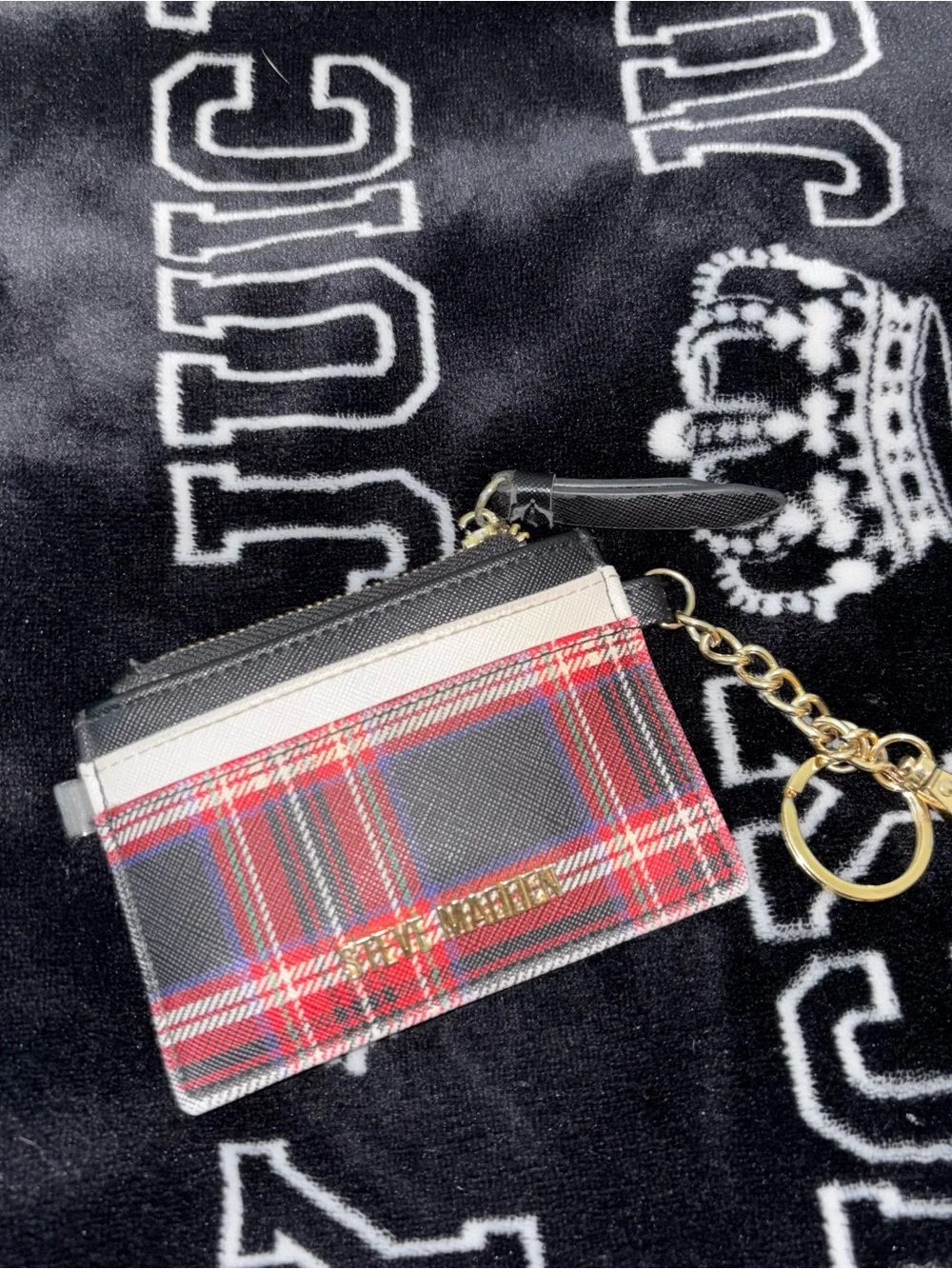 Steve Madden Black, Red and Cream Plaid Card Case with Gold Chain